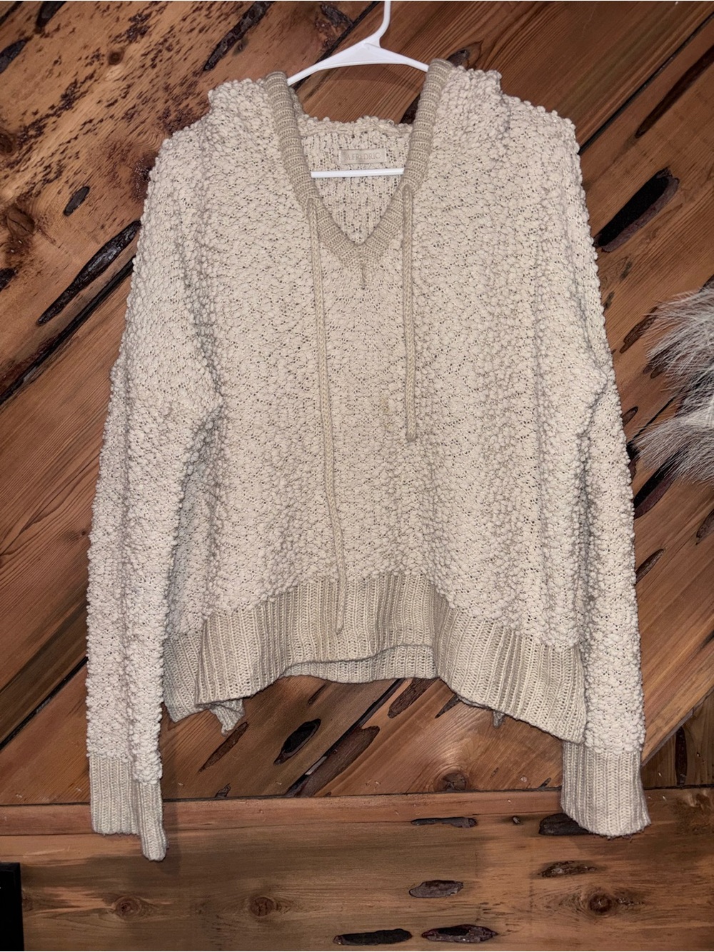 POL Cream V-Neck Hooded Popcorn Knit Sweater
